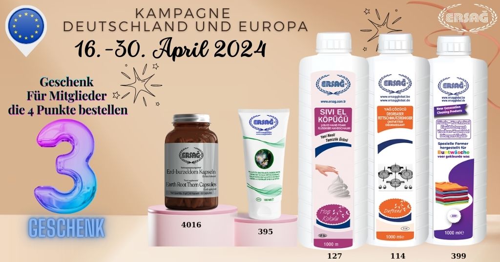 Ersağ Almanya'nın Nisan 2024 kampanyası görseli, online siparişlerde özel indirimler ve hediye ürünler sunan promosyonları tanıtan resim