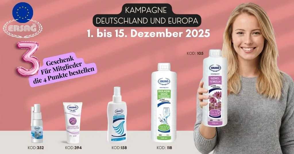 Beyaz zemin üzerinde Ersağ Genel Temizlik 1000 ml ürününü elinde tutan, memnun ifadeli Alman kadın