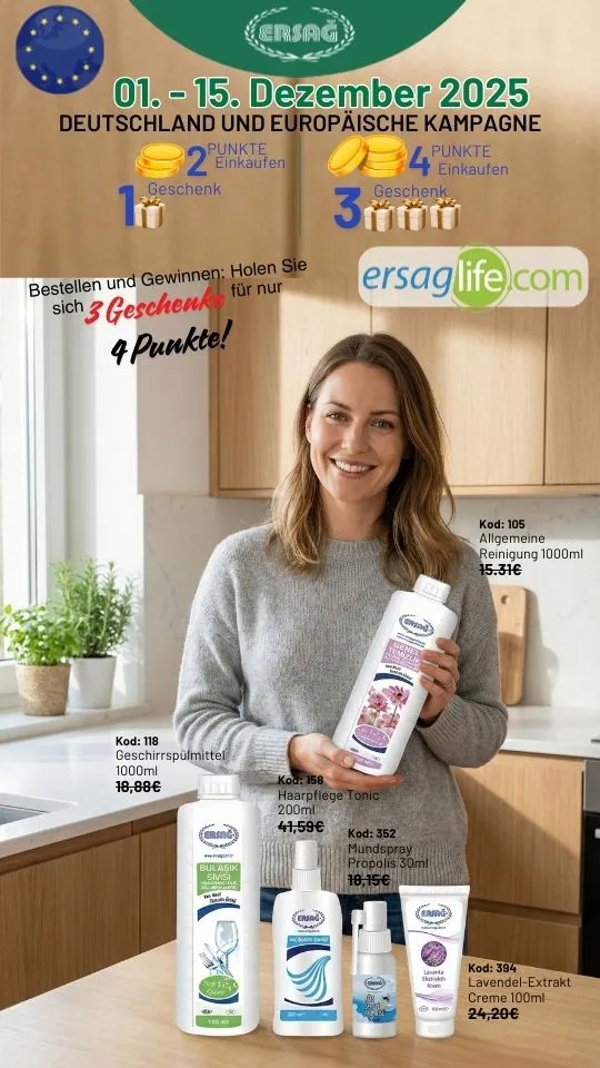 Modern bir mutfakta Ersağ Genel Temizlik 1000 ml ürününü elinde tutan Alman kadın, tezgâh üzerindeki Ersağ ürünleriyle poz veriyor.